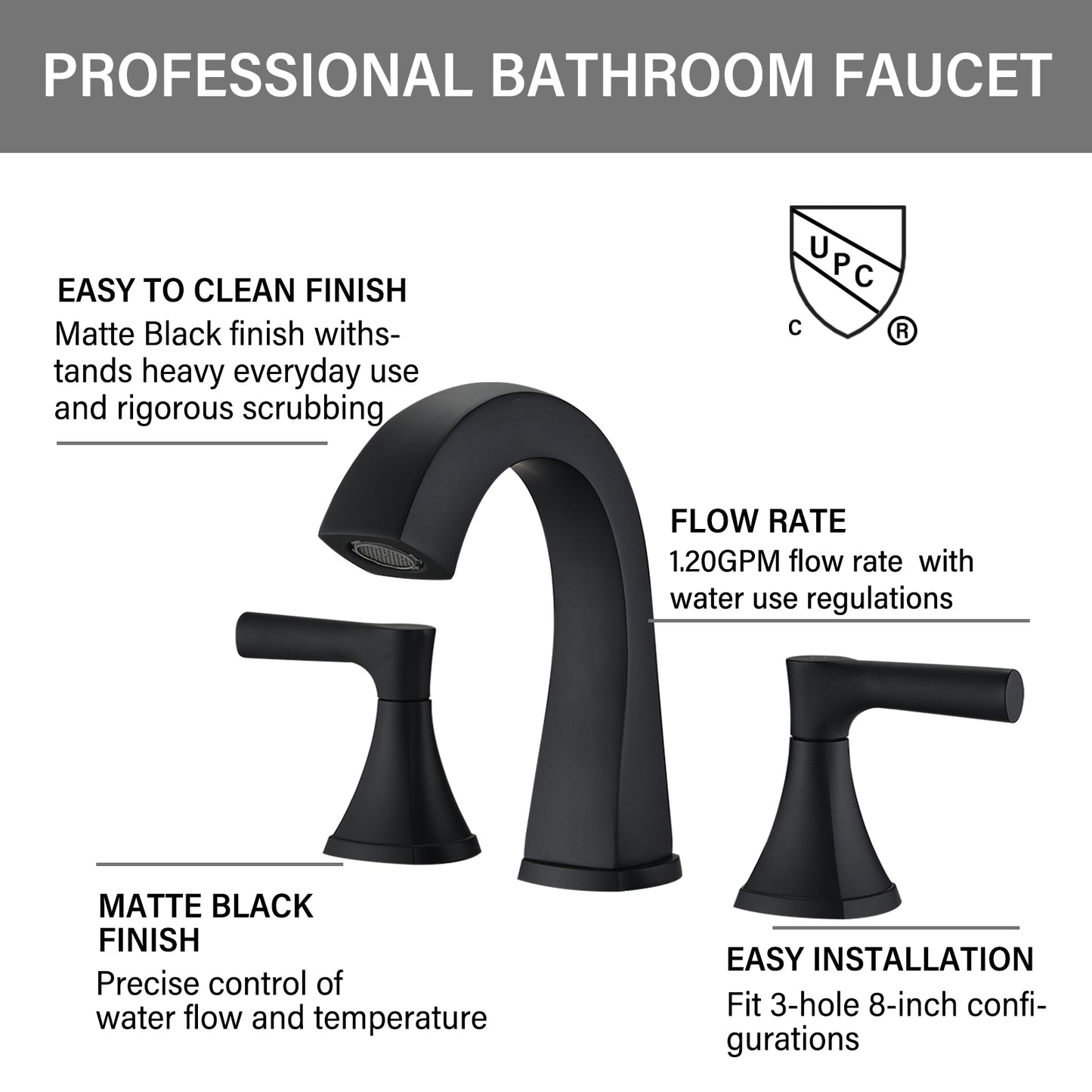 Bathroom Widespread Three Hole Sink Faucet Matte Black Two Handles With Pop-up Drain Round W122471405