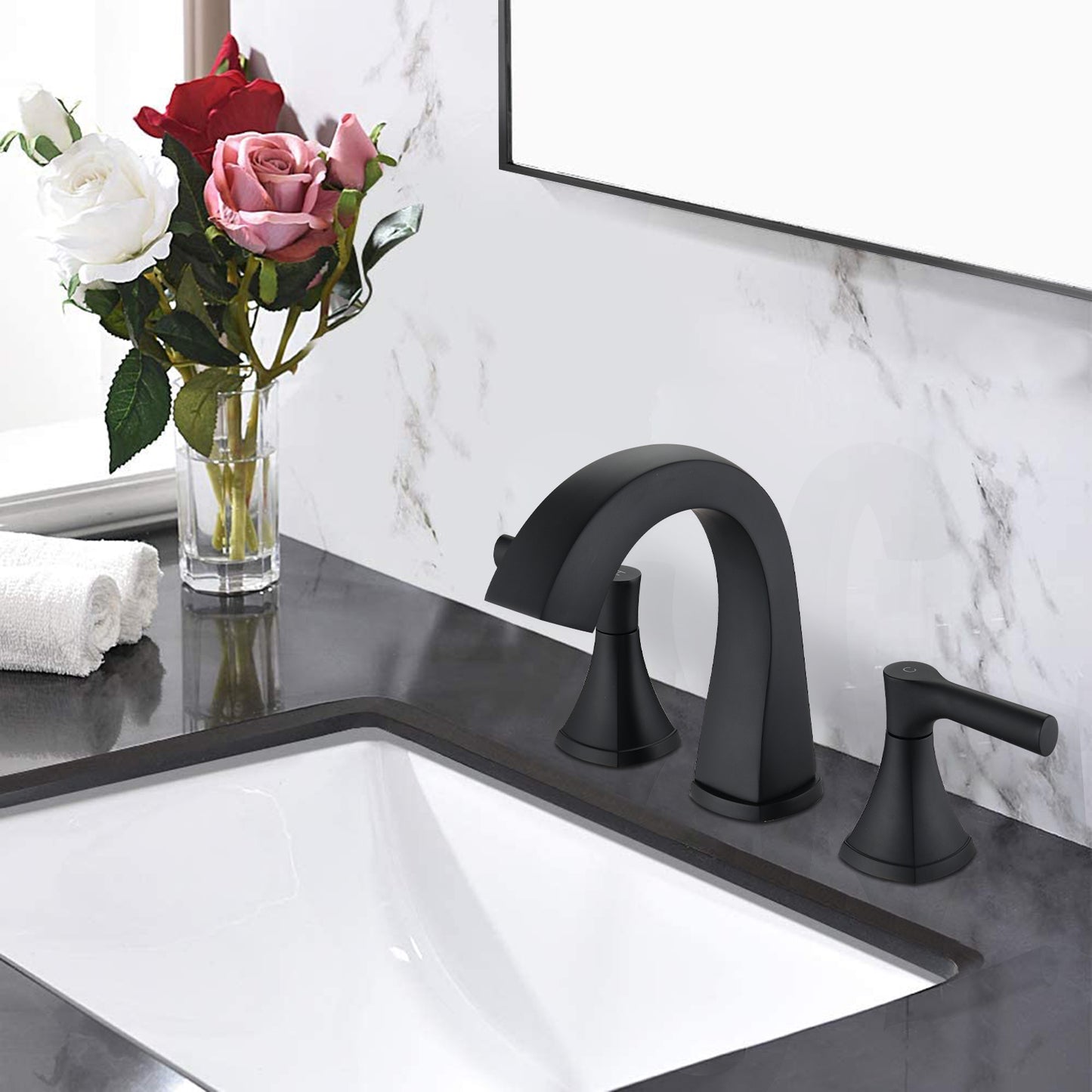 Bathroom Widespread Three Hole Sink Faucet Matte Black Two Handles With Pop-up Drain Round W122471405