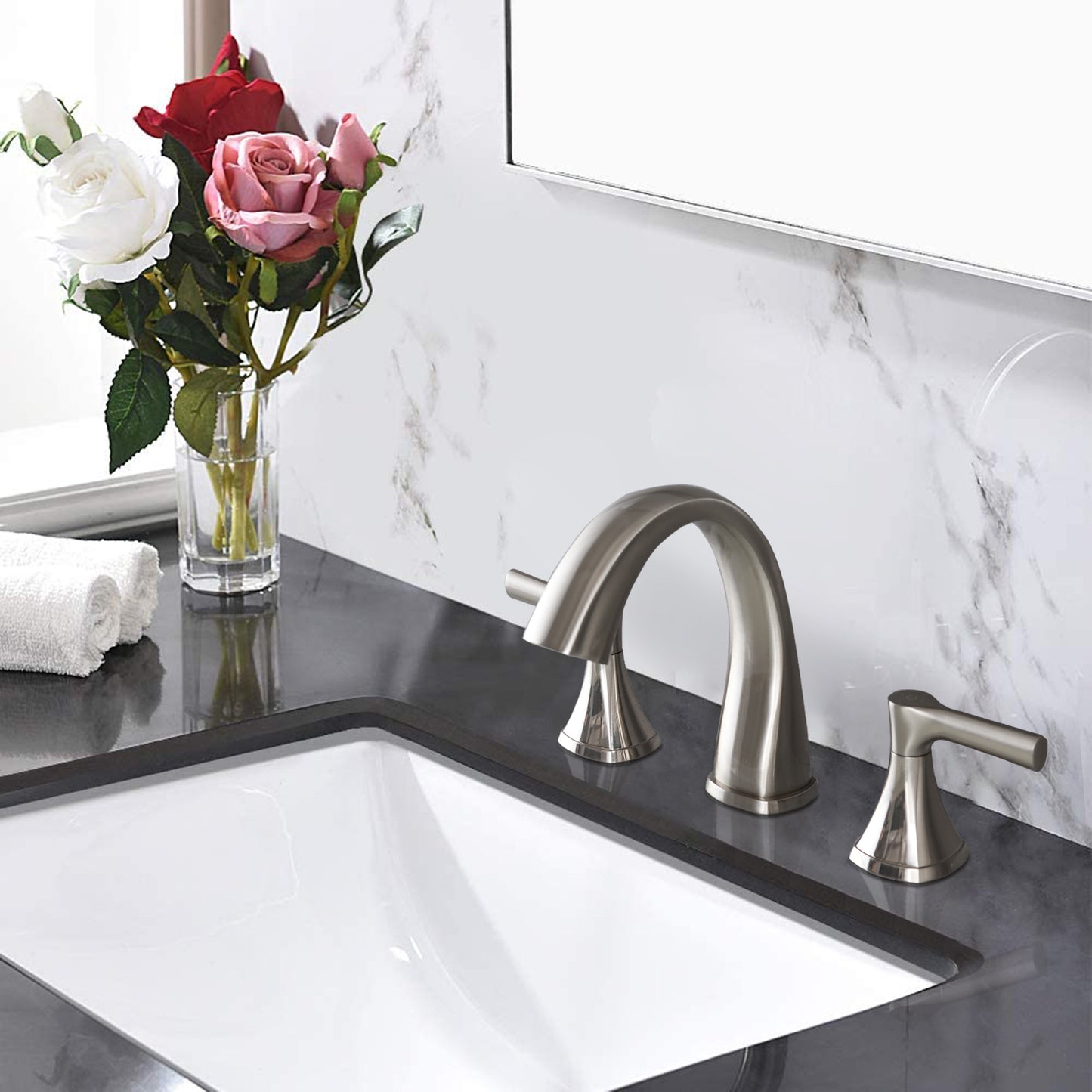 Bathroom Widespread Three Hole Sink Faucet Brushed Nickel Two Handles With Pop-up Drain Round W122471404