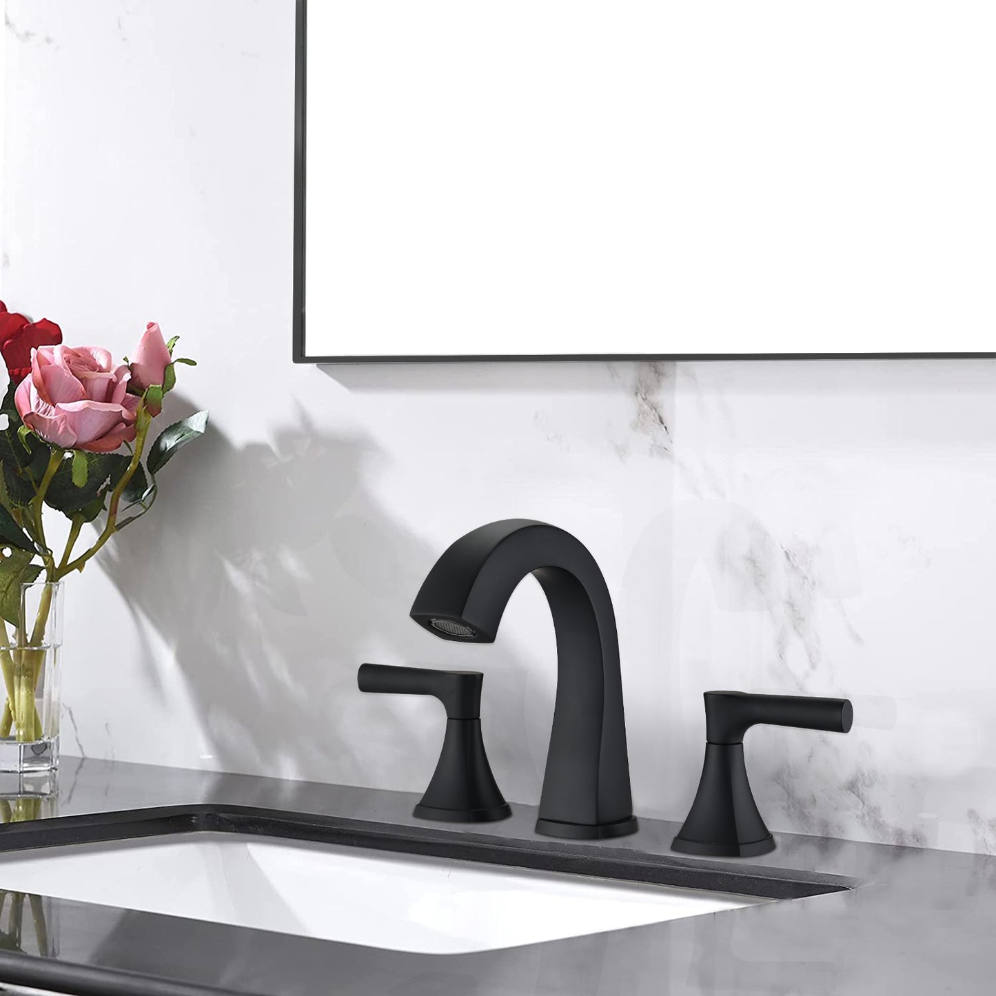 Bathroom Widespread Three Hole Sink Faucet Matte Black Two Handles With Pop-up Drain Round W122471405