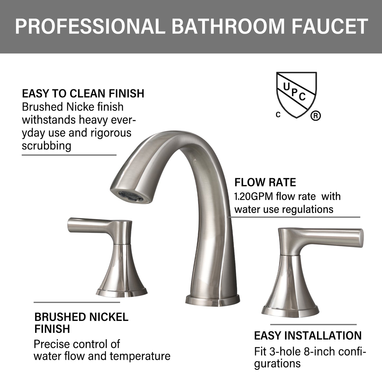 Bathroom Widespread Three Hole Sink Faucet Brushed Nickel Two Handles With Pop-up Drain Round W122471404