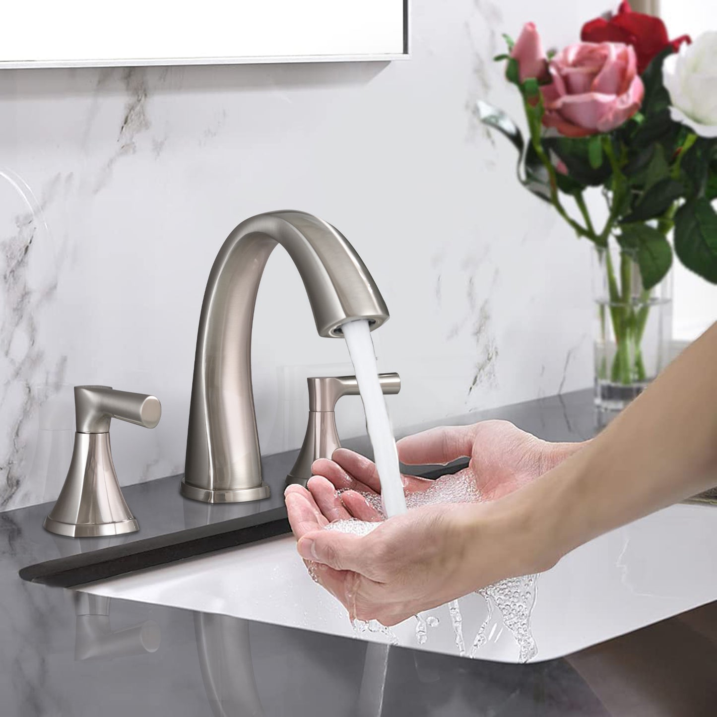 Bathroom Widespread Three Hole Sink Faucet Brushed Nickel Two Handles With Pop-up Drain Round W122471404
