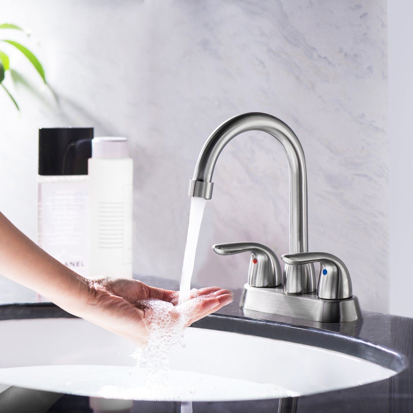 Bathroom Widespread Three Hole Sink Waterfall Faucet Brushed Nickel Two Handles With Pop-up Drain W124372194