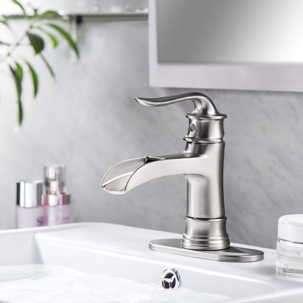 Bathroom Single Hole or Three Holes Waterfall Sink Faucet Brushed Nickel Single Handle with Deck Plate and Pop-up Drain W124379896