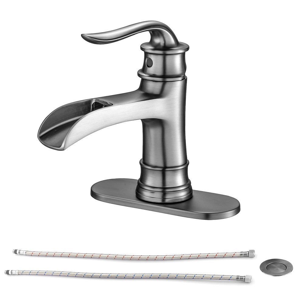 Bathroom Single Hole or Three Holes Waterfall Sink Faucet Brushed Nickel Single Handle with Deck Plate and Pop-up Drain W124379896