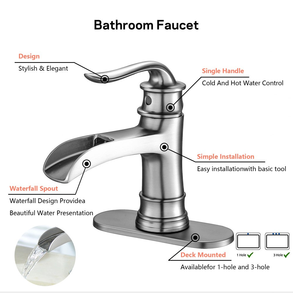 Bathroom Single Hole or Three Holes Waterfall Sink Faucet Brushed Nickel Single Handle with Deck Plate and Pop-up Drain W124379896