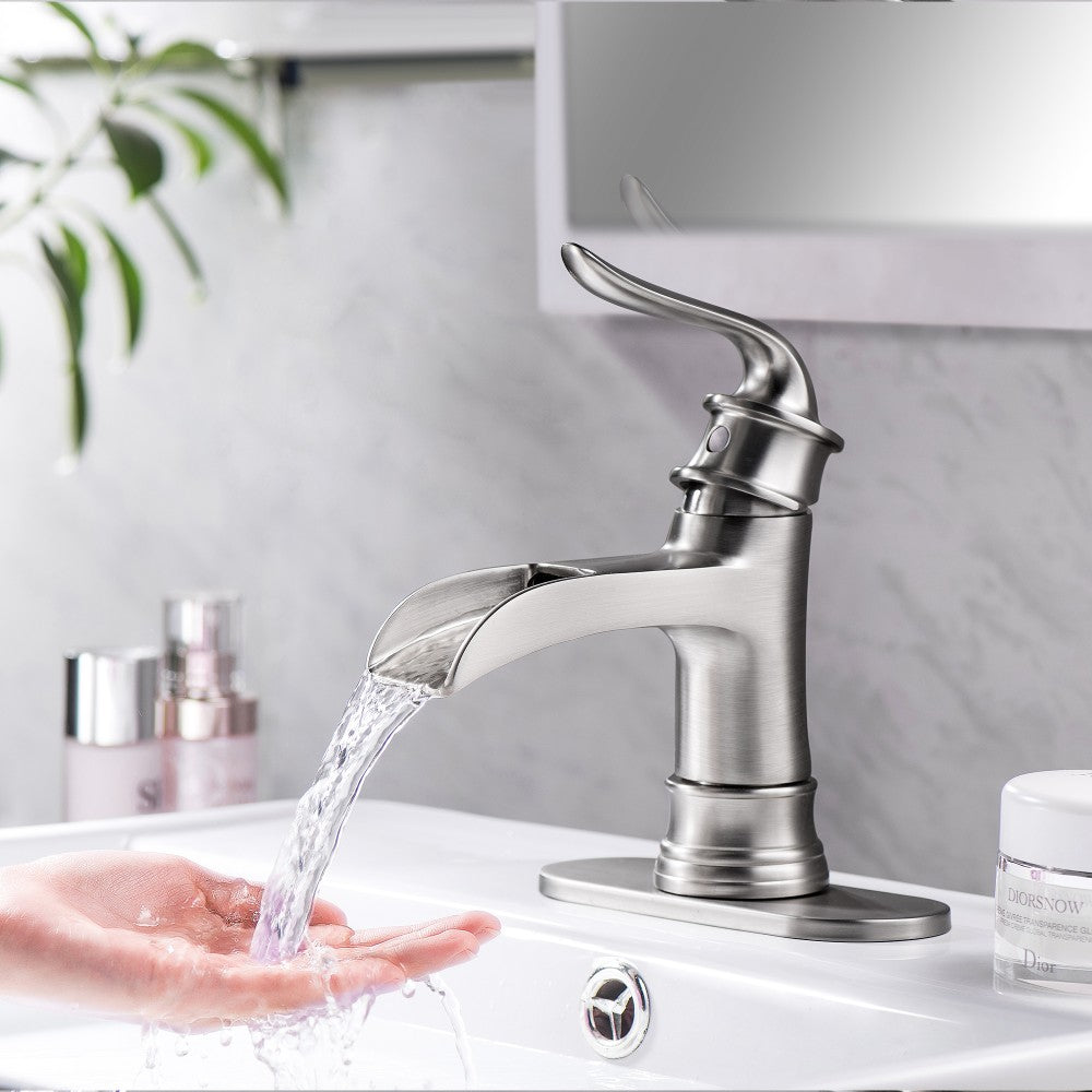 Bathroom Single Hole or Three Holes Waterfall Sink Faucet Brushed Nickel Single Handle with Deck Plate and Pop-up Drain W124379896
