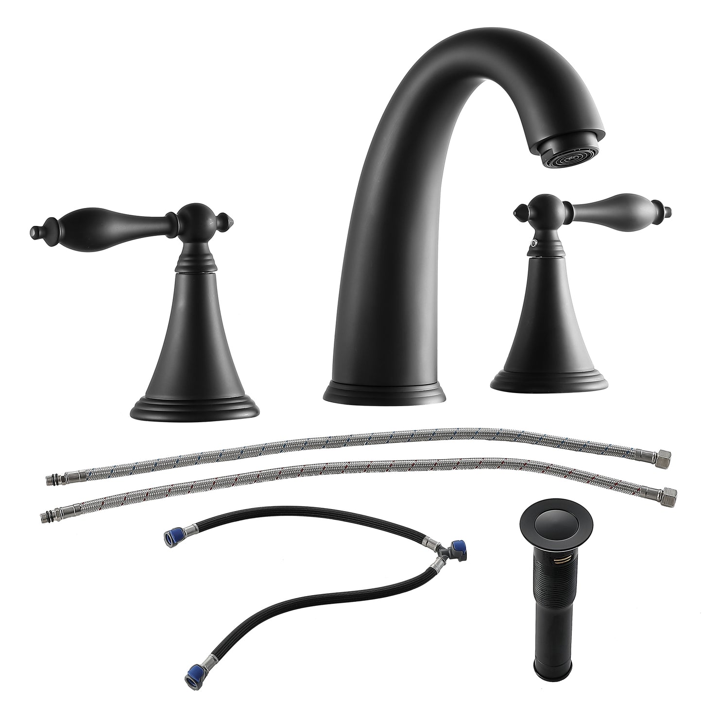 Bathroom Widespread Three Hole Sink Faucet Matte Black Two Handles With Pop-up Drain Round W124379942