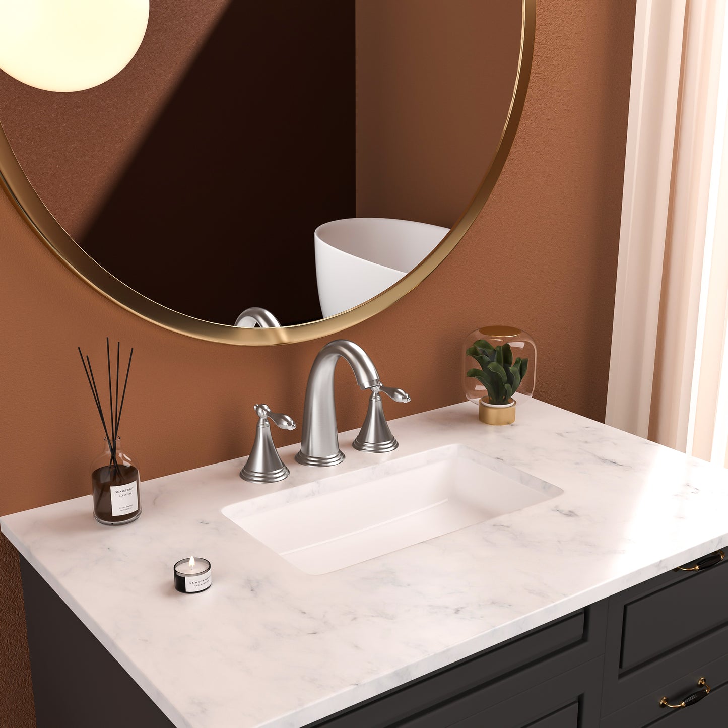 Bathroom Widespread Three Hole Sink Faucet Brushed Nickel Two Handles With Pop-up Drain Round W124379953