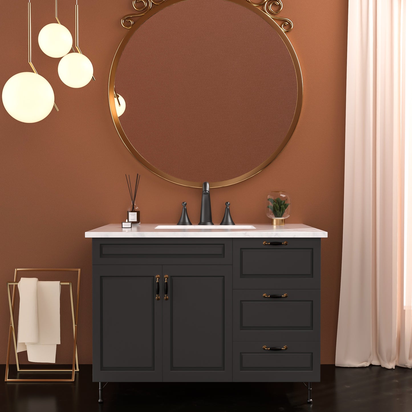Bathroom Widespread Three Hole Sink Faucet Matte Black Two Handles With Pop-up Drain Round W124379942
