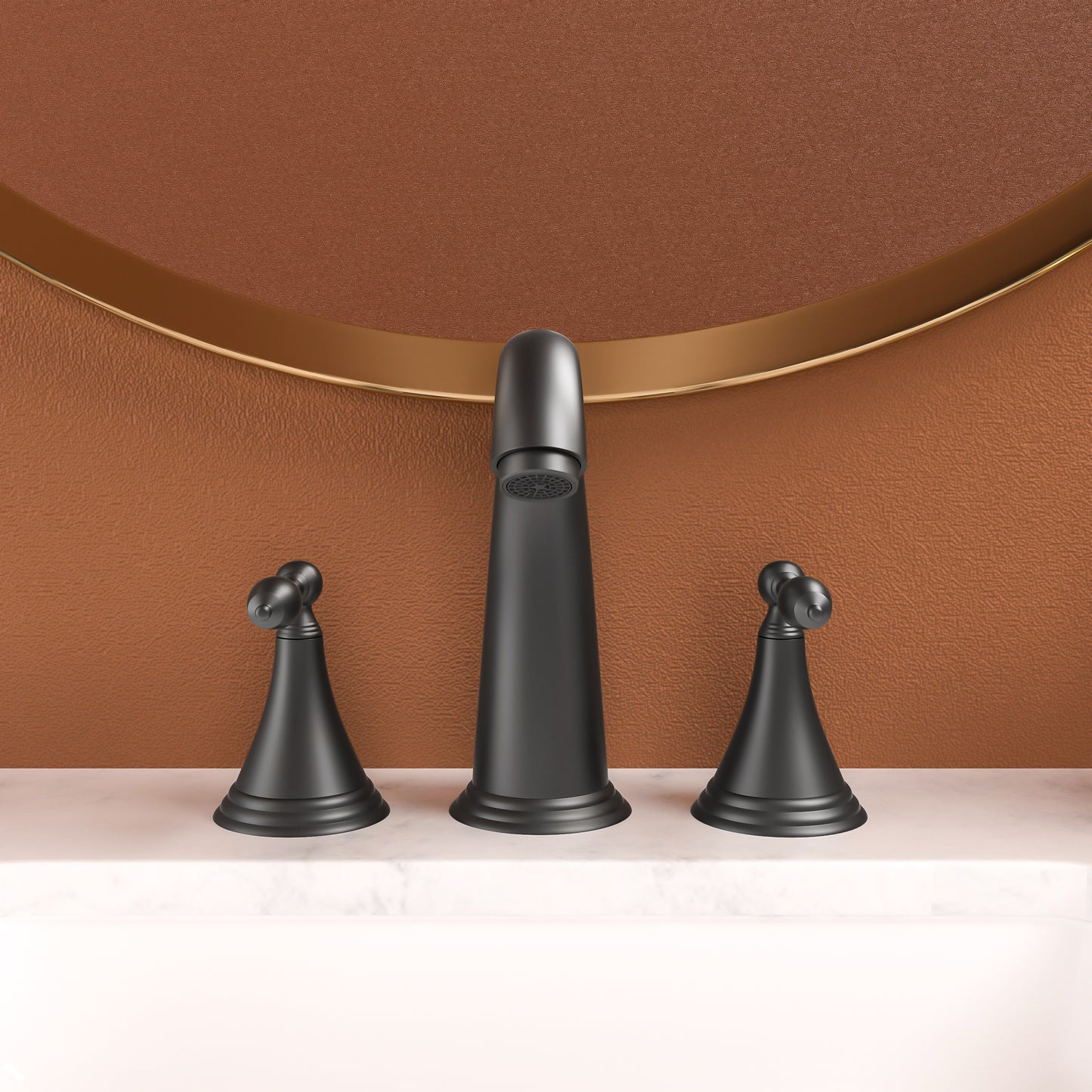 Bathroom Widespread Three Hole Sink Faucet Matte Black Two Handles With Pop-up Drain Round W124379942