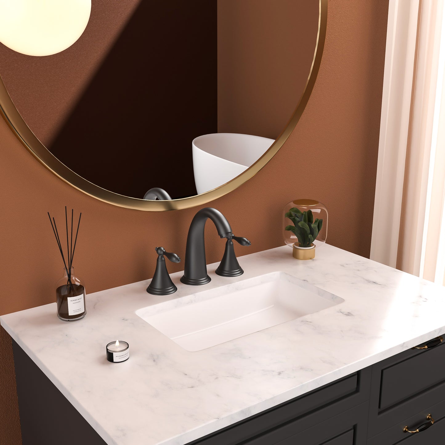 Bathroom Widespread Three Hole Sink Faucet Matte Black Two Handles With Pop-up Drain Round W124379942