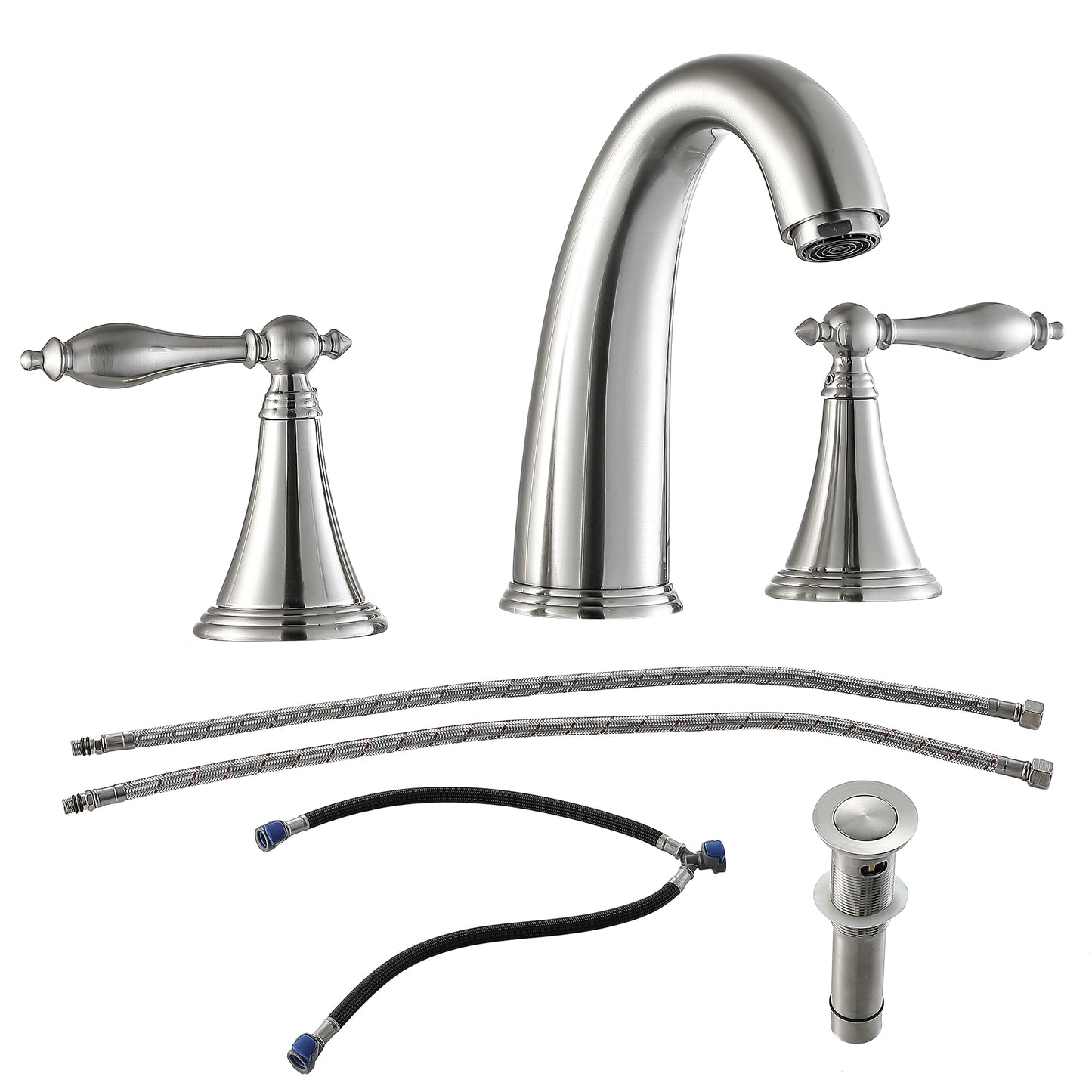 Bathroom Widespread Three Hole Sink Faucet Brushed Nickel Two Handles With Pop-up Drain Round W124379953