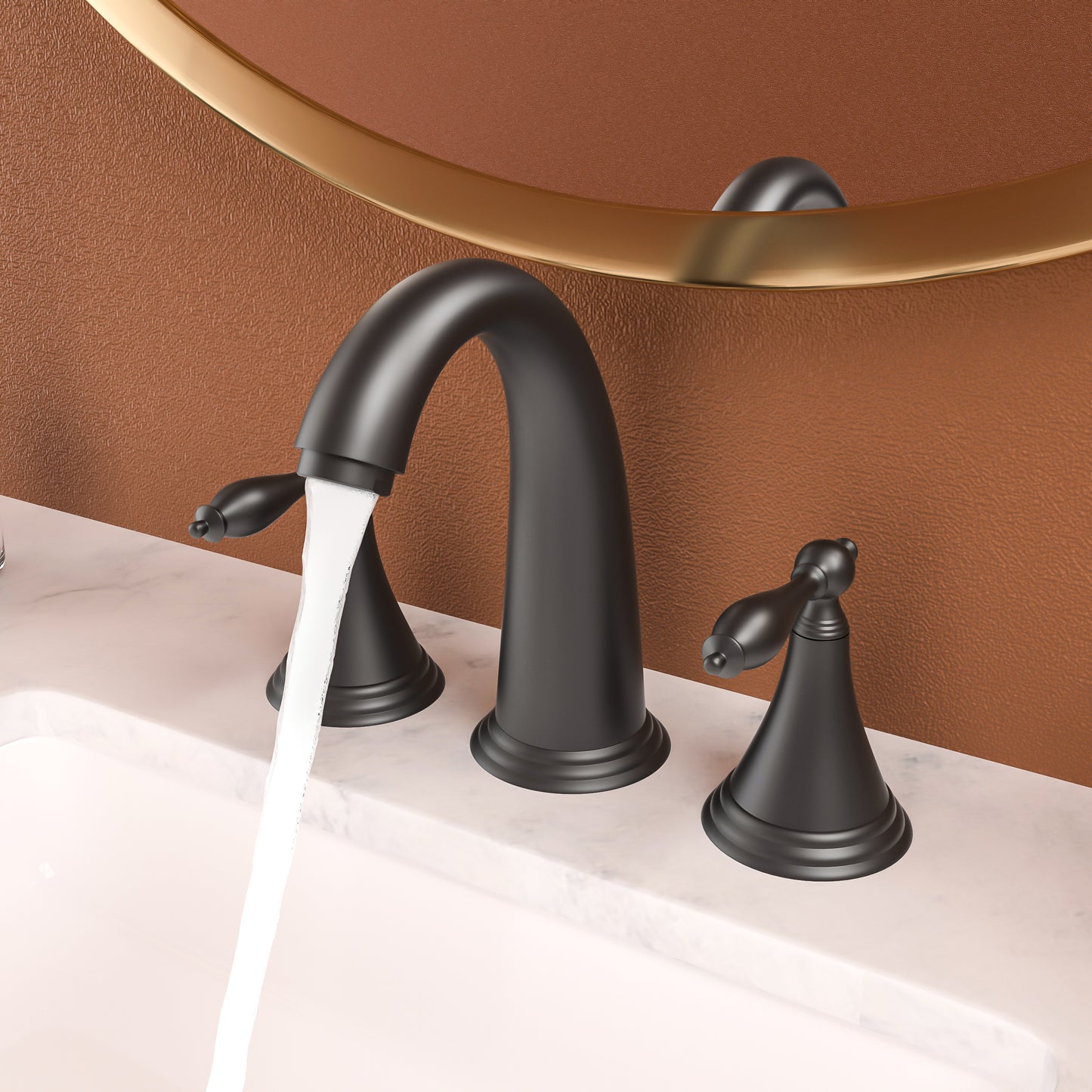 Bathroom Widespread Three Hole Sink Faucet Matte Black Two Handles With Pop-up Drain Round W124379942