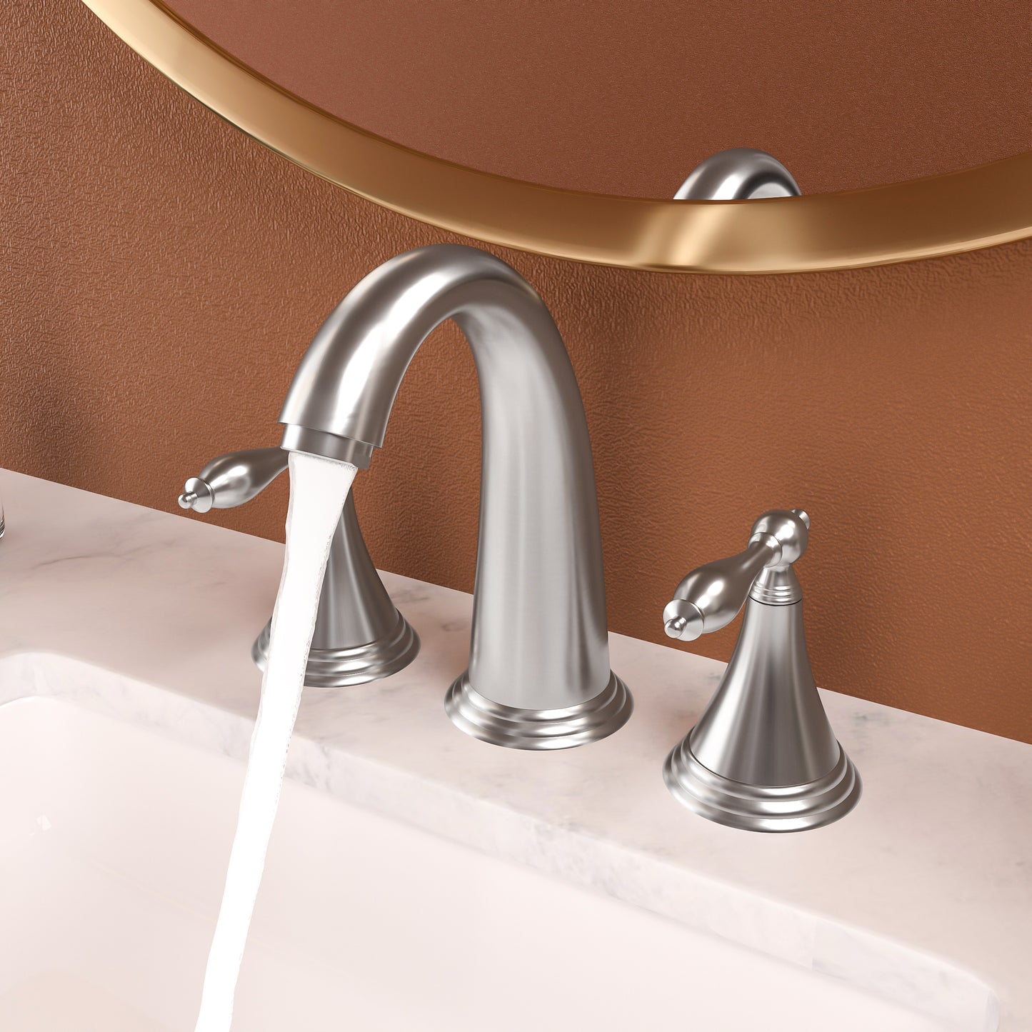 Bathroom Widespread Three Hole Sink Faucet Brushed Nickel Two Handles With Pop-up Drain Round W124379953