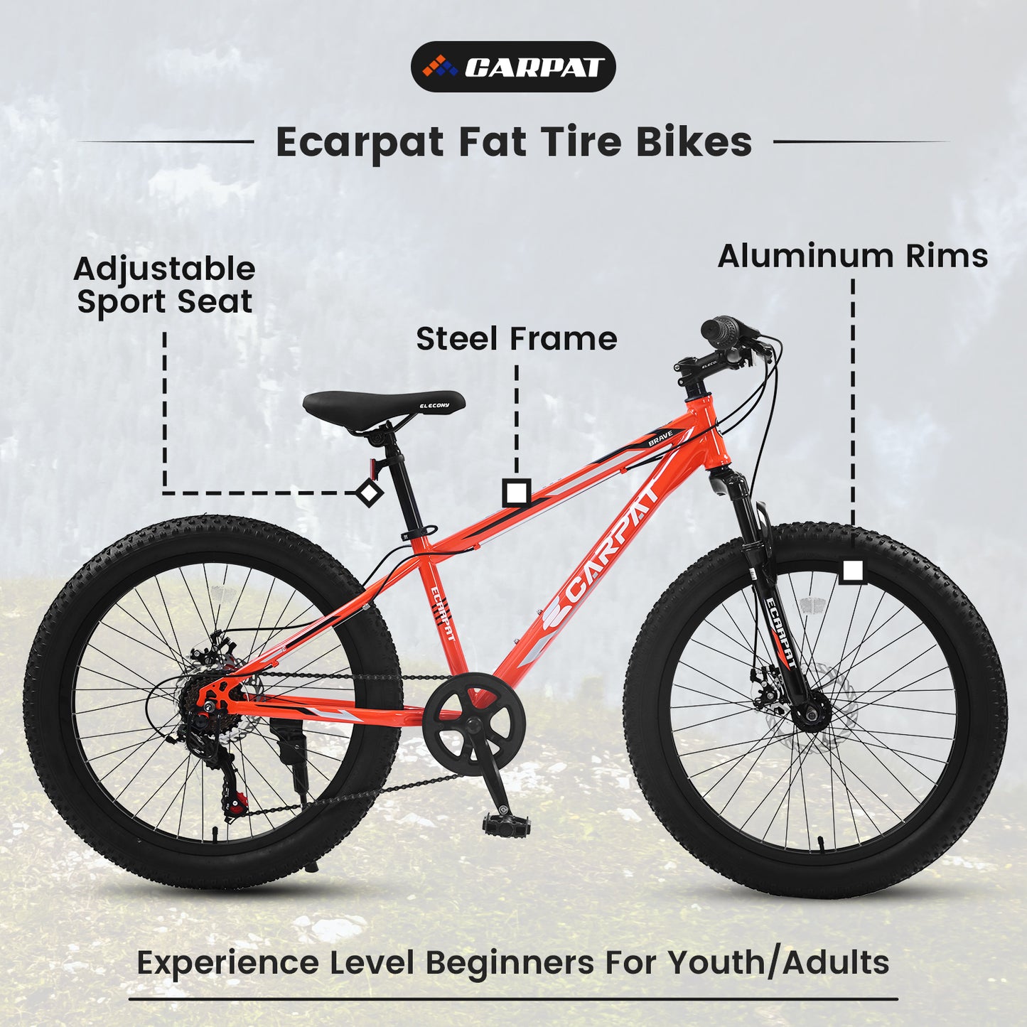 24x3 Inch Fat Tire Urban Commuter City Bike Shimano 7 Speed Front Suspension Dual Disc Brake High-Carbon Steel Frame Orange
