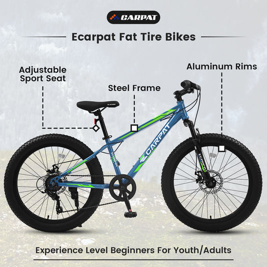24x3 Inch Fat Tire Urban Commuter City Bike Shimano 7 Speed Front Suspension Dual Disc Brake High-Carbon Steel Frame Green