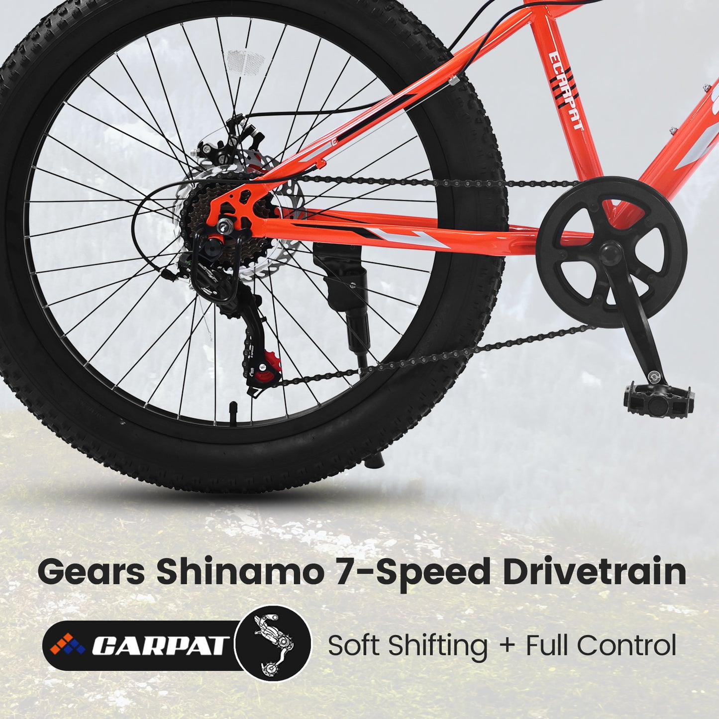 24x3 Inch Fat Tire Urban Commuter City Bike Shimano 7 Speed Front Suspension Dual Disc Brake High-Carbon Steel Frame Orange