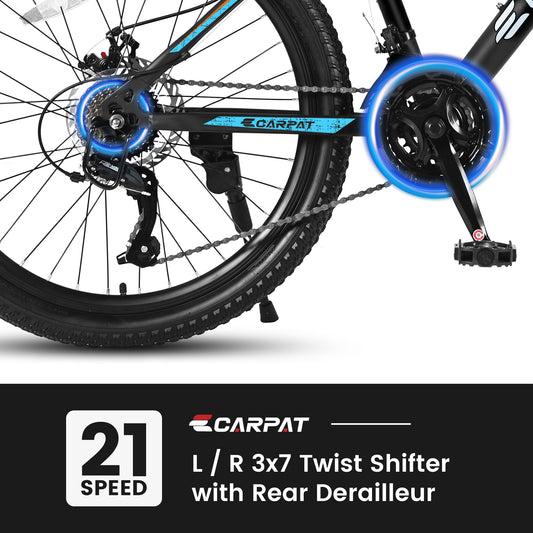 26-Inch Mountain Bike, 21-Speed MTB with Dual Disc Brakes, Front Suspension, High-Carbon Steel Frame for Riders 5'2"–6'0", Black/Blue