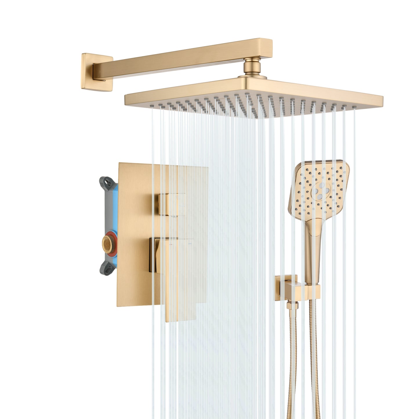 Shower system with Concealed Valve, Wall Mounted Shower Faucet Set for Bathroom, High Pressure 10-inch Rain Shower head and 3-Setting Handheld Shower Head Set,Brushed Gold