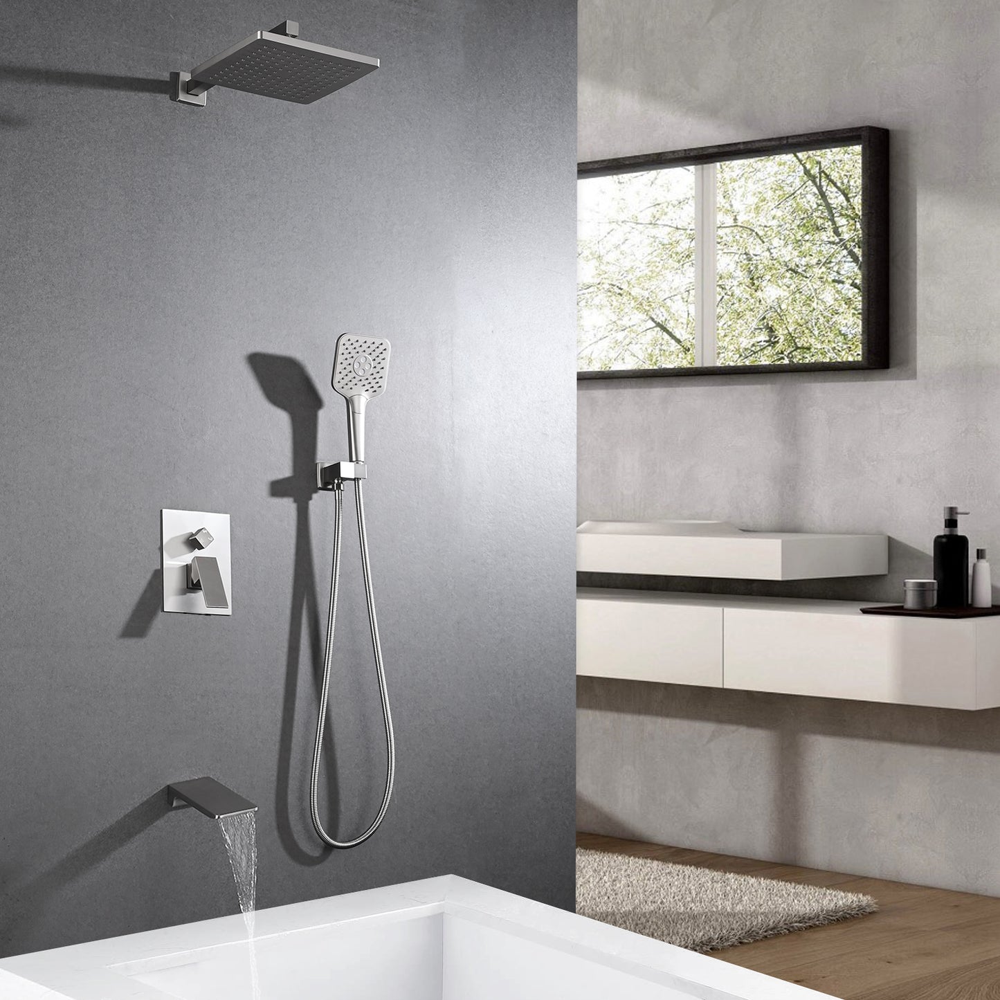 Shower system with Tub Spout, Wall Mounted Shower Faucet Set for Bathroom, High Pressure 10-inch Rain Shower head and 3-Setting Handheld Shower Head Set,Brushed Nickel