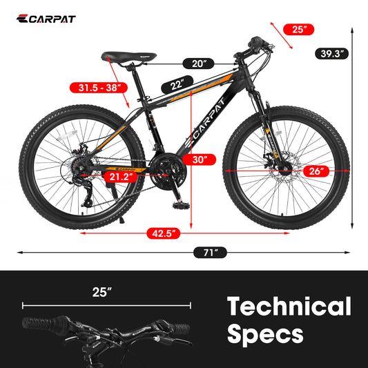 26-Inch Mountain Bike, 21-Speed MTB with Dual Disc Brakes, Front Suspension, High-Carbon Steel Frame for Riders 5'2"–6'0", Black/Orange