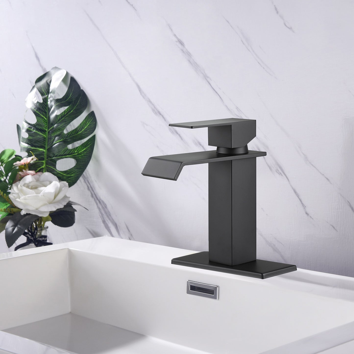Bathroom Single Hole or Three Holes Sink Faucet Matte Black Single Handle With Deck Plate TH1008MB
