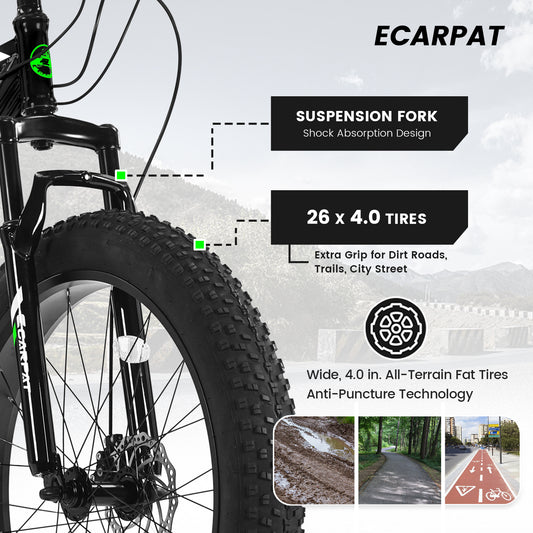 26x4 Inch Fat Tire Mountain Bike Shimano 21 Speed Dual Disc Brake Front Suspension Trail Bike, Urban Commuter City Bicycle Adult or Youth Black