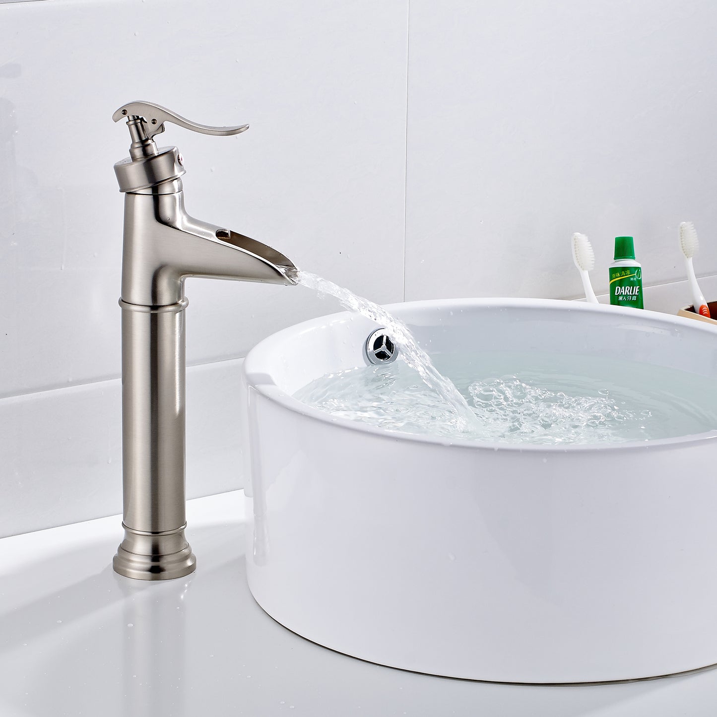 Bathroom Single Hole Vessel Waterfall Sink Faucet Brushed Nickel Single Handle Round W1932126975
