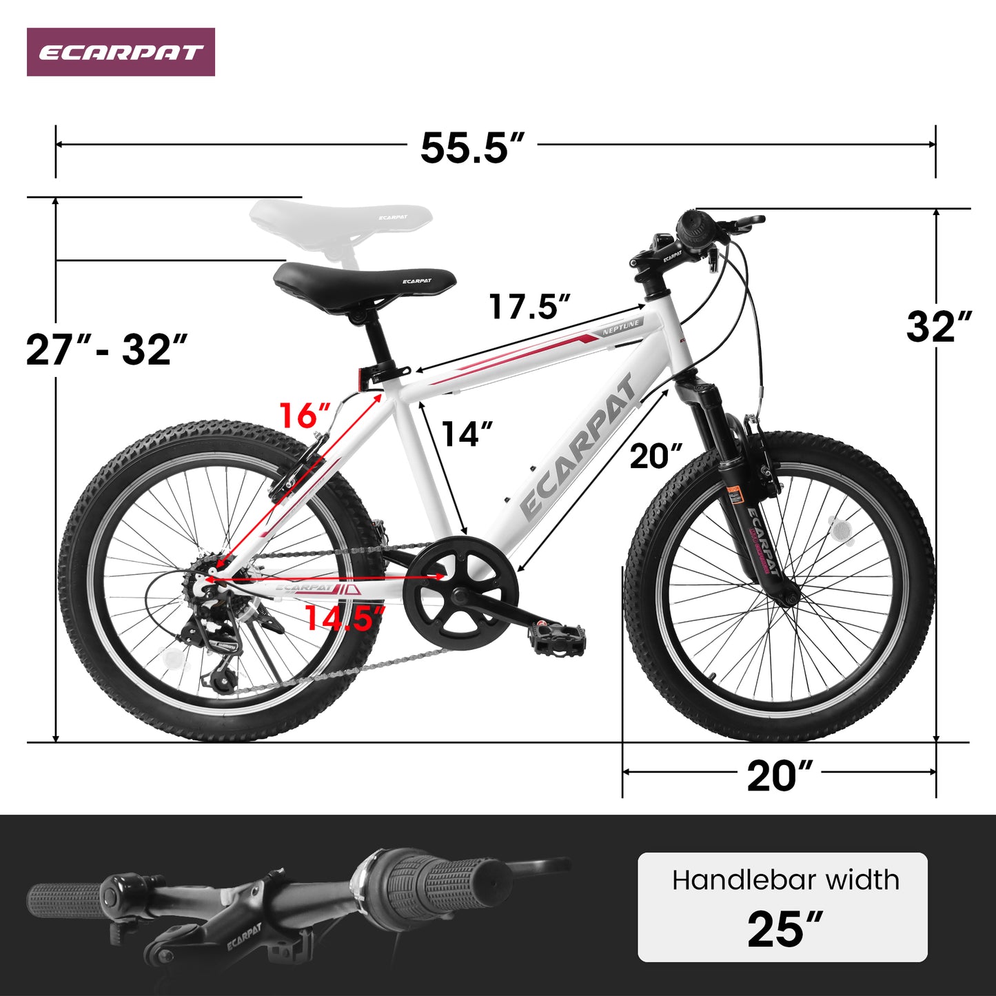 20 Inch Kids Montain Bike Shimano 7 Speed Disc Brake Front Suspension Hard Tail for Boys and Girls WHITE PINK