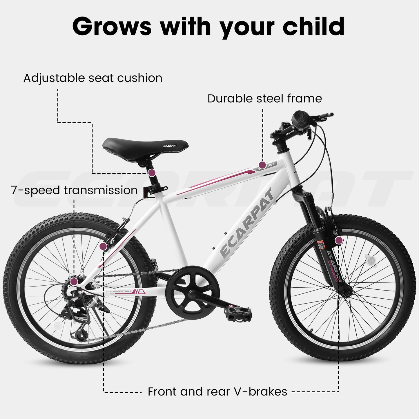 20 Inch Kids Montain Bike Shimano 7 Speed Disc Brake Front Suspension Hard Tail for Boys and Girls WHITE PINK