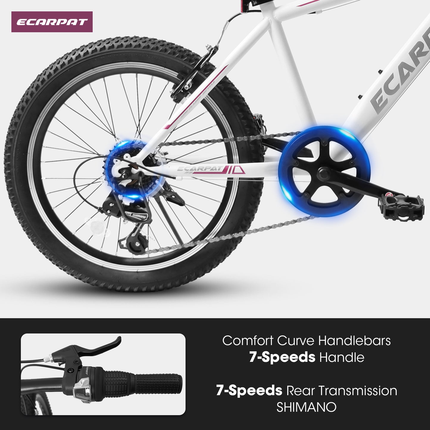 20 Inch Kids Montain Bike Shimano 7 Speed Disc Brake Front Suspension Hard Tail for Boys and Girls WHITE PINK