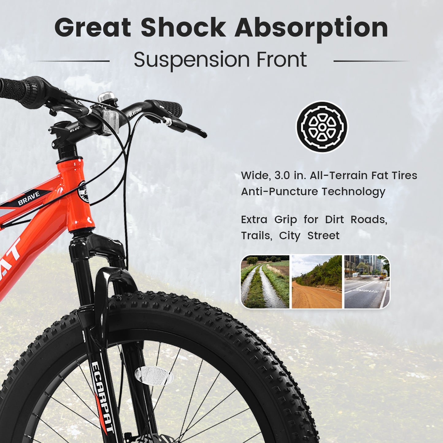 24x3 Inch Fat Tire Urban Commuter City Bike Shimano 7 Speed Front Suspension Dual Disc Brake High-Carbon Steel Frame Orange
