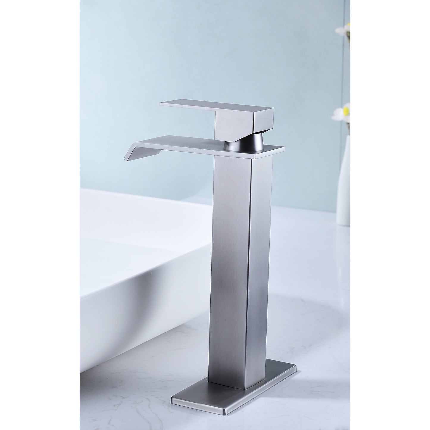 Bathroom Single Hole or Three Hole Vessel Sink Waterfall Faucet Brushed Nickel Single Handle With Deck Plate W2287P168571