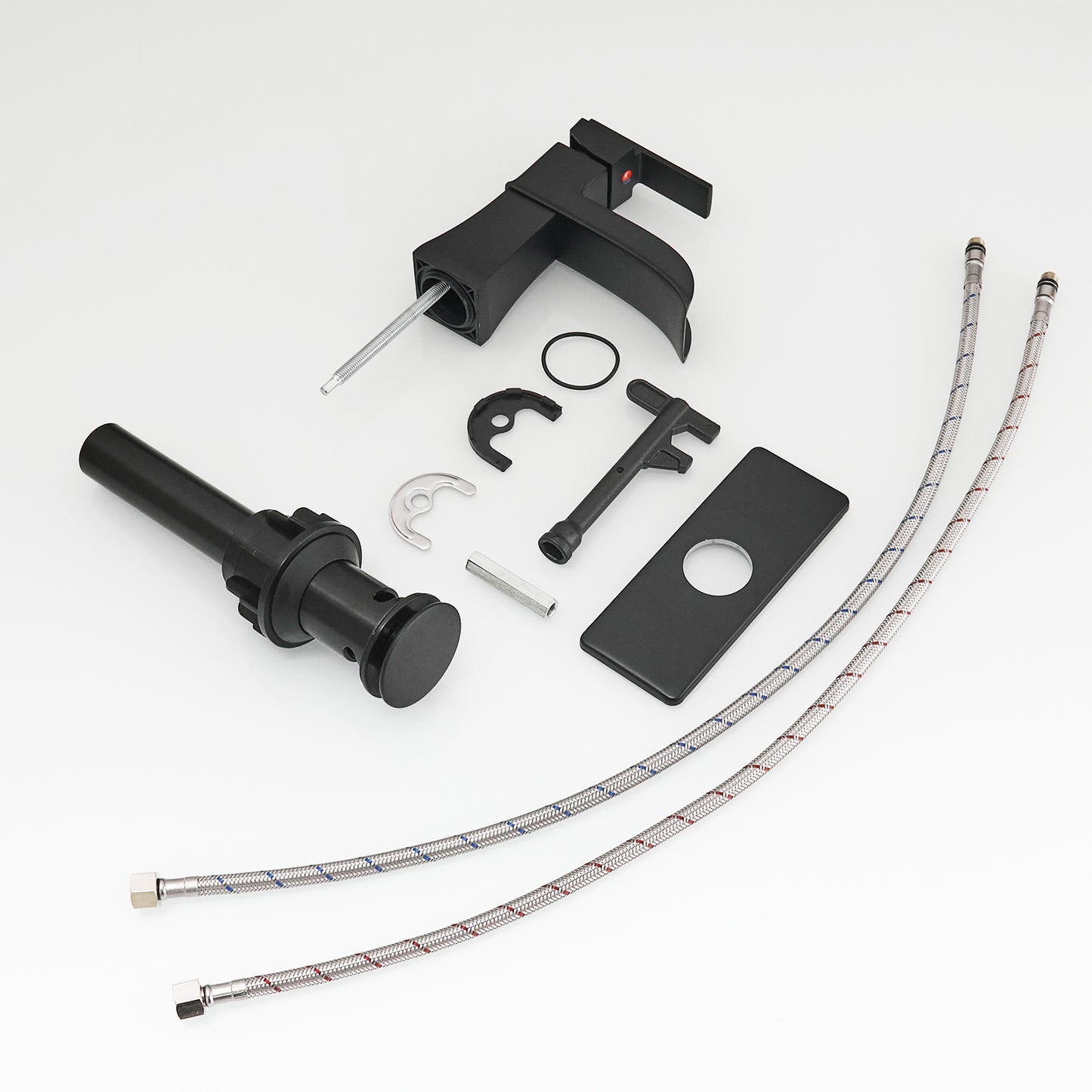 Bathroom Single Hole or Three Hole Waterfall Sink Faucet Matte Black Single Handle with Deck Plate and Pop-up Drain W1932P179390