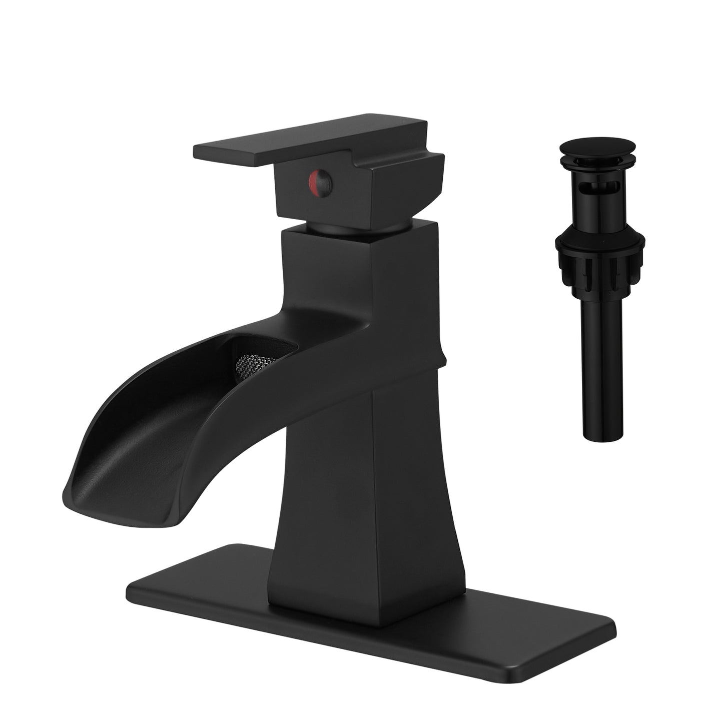 Bathroom Single Hole or Three Hole Waterfall Sink Faucet Matte Black Single Handle with Deck Plate and Pop-up Drain W1932P179390