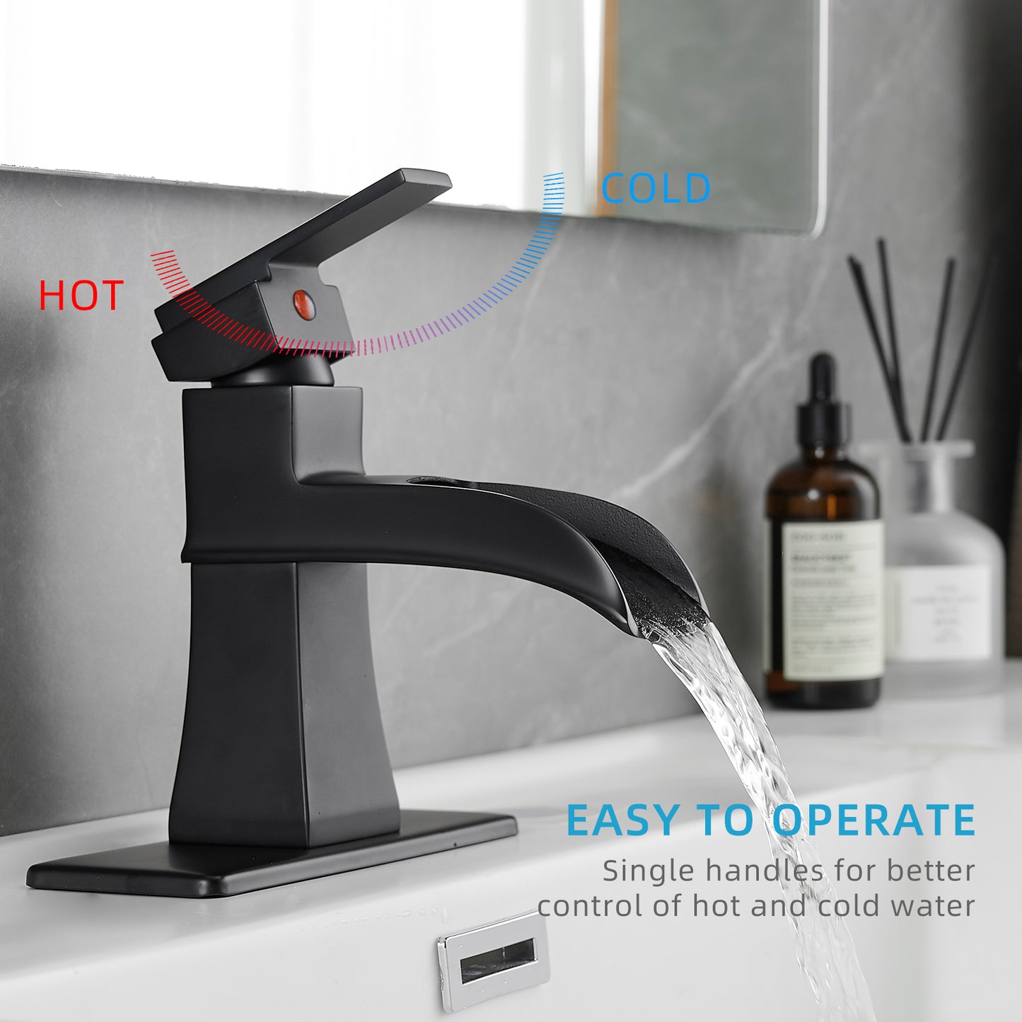 Bathroom Single Hole or Three Hole Waterfall Sink Faucet Matte Black Single Handle with Deck Plate and Pop-up Drain W1932P179390
