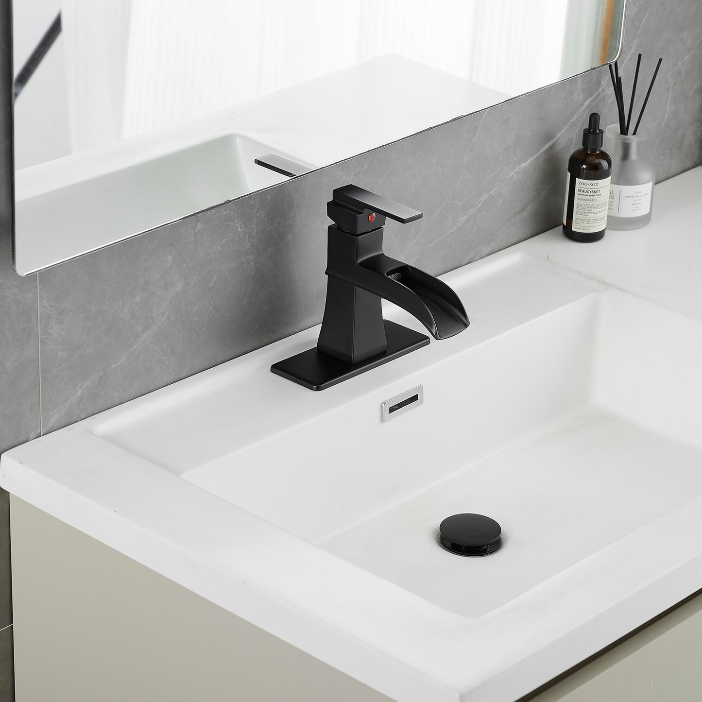 Bathroom Single Hole or Three Hole Waterfall Sink Faucet Matte Black Single Handle with Deck Plate and Pop-up Drain W1932P179390