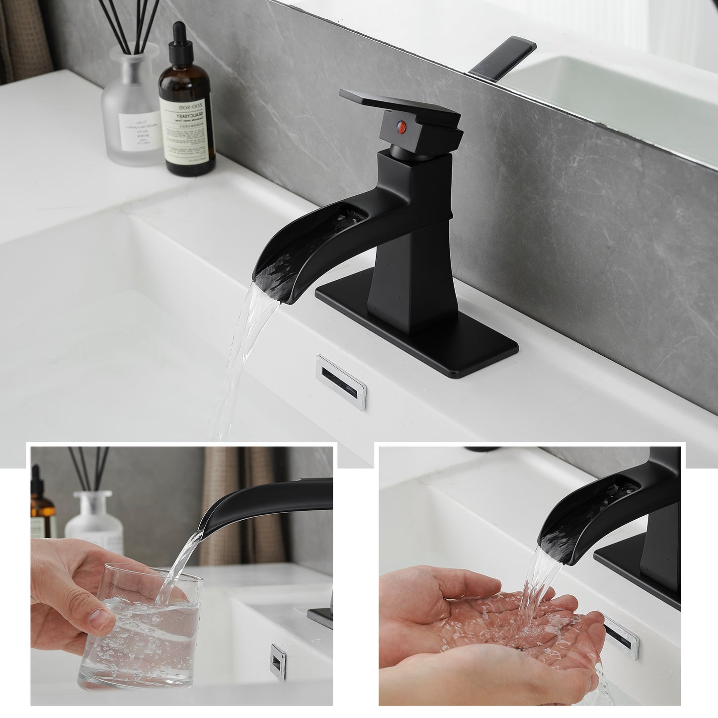 Bathroom Single Hole or Three Hole Waterfall Sink Faucet Matte Black Single Handle with Deck Plate and Pop-up Drain W1932P179390