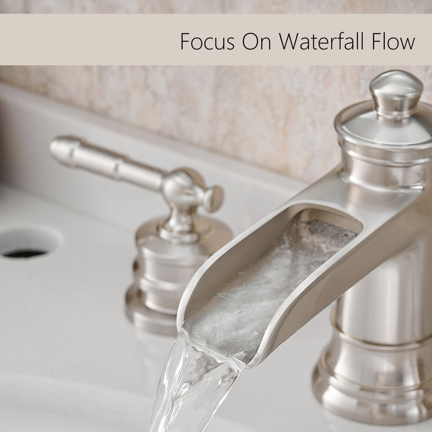 Bathroom Widespread Three Holes Waterfall Sink Faucet Brushed Nickel Two Handles With Pop-up Drain W1932P179930