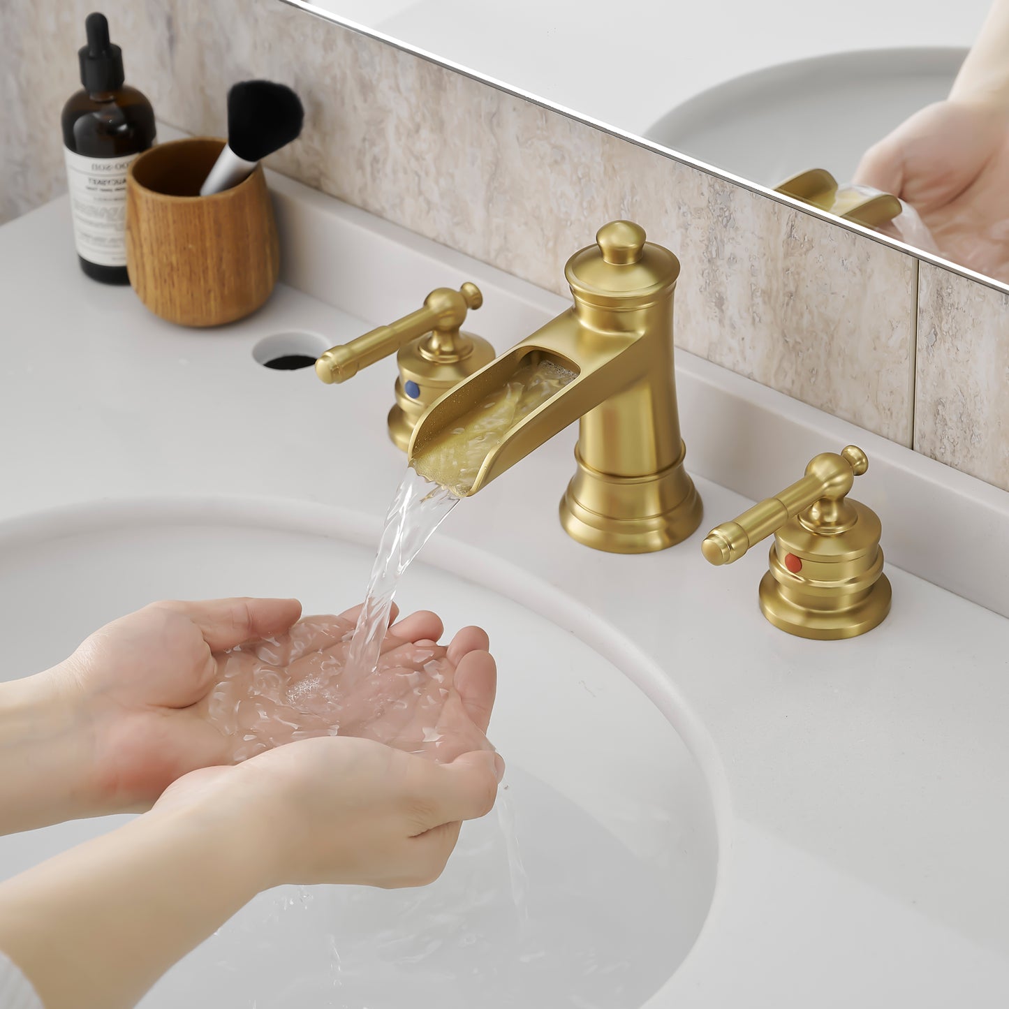 Bathroom Widespread Three Holes Waterfall Sink Faucet Gold Two Handles With Pop-up Drain W1932P180027