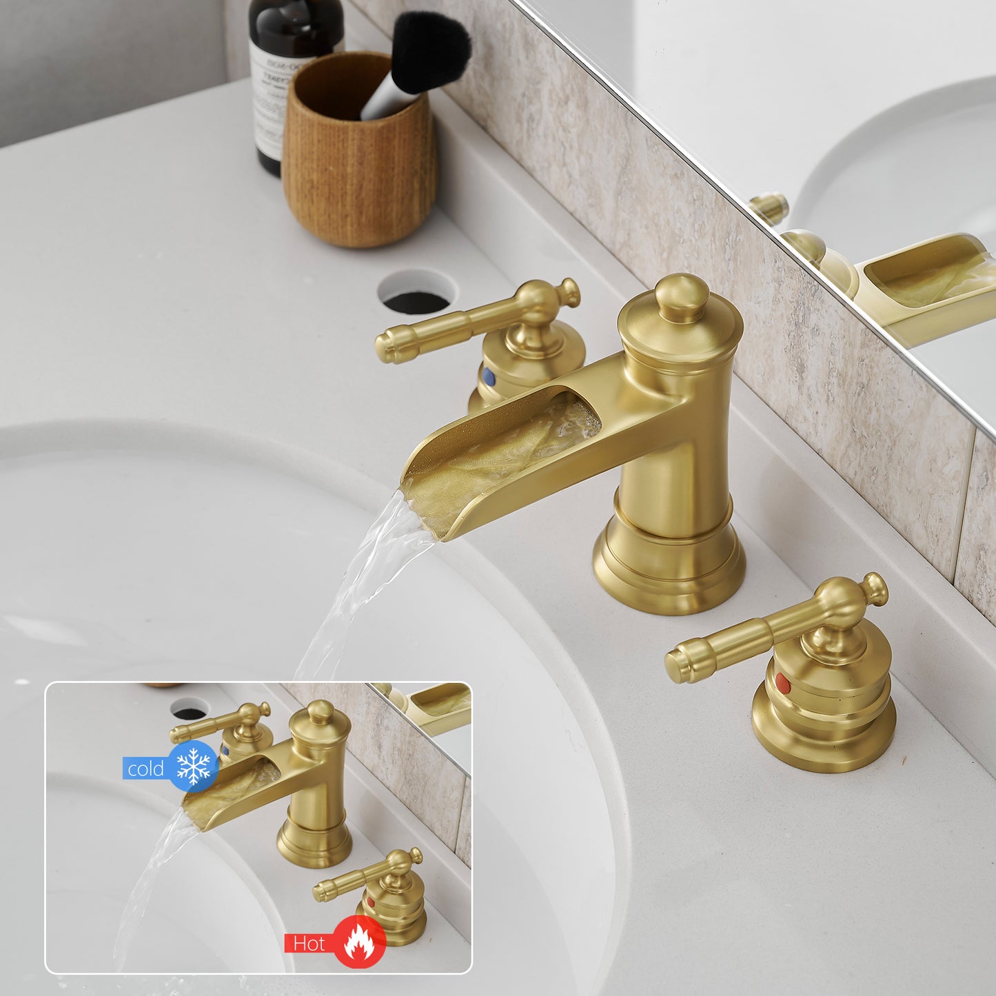 Bathroom Widespread Three Holes Waterfall Sink Faucet Gold Two Handles With Pop-up Drain W1932P180027