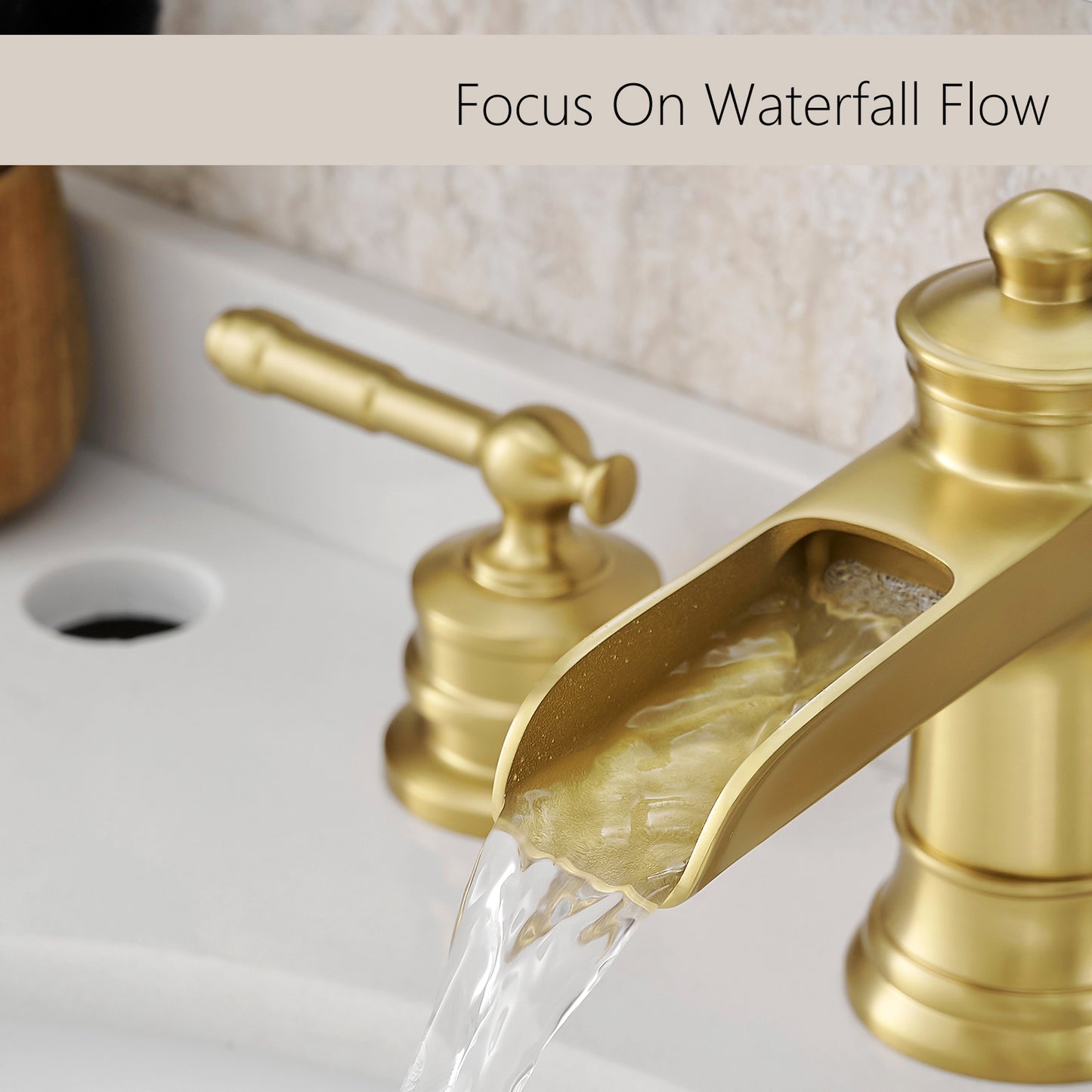 Bathroom Widespread Three Holes Waterfall Sink Faucet Gold Two Handles With Pop-up Drain W1932P180027