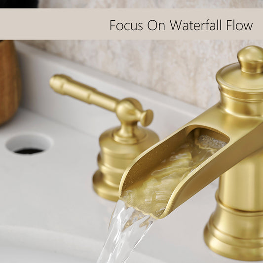 8-Inch Widespread Bathroom Sink Faucet, Brushed Gold Waterfall Faucet, 2-Handle 3-Hole Vanity Faucet with Pop-Up Drain Included