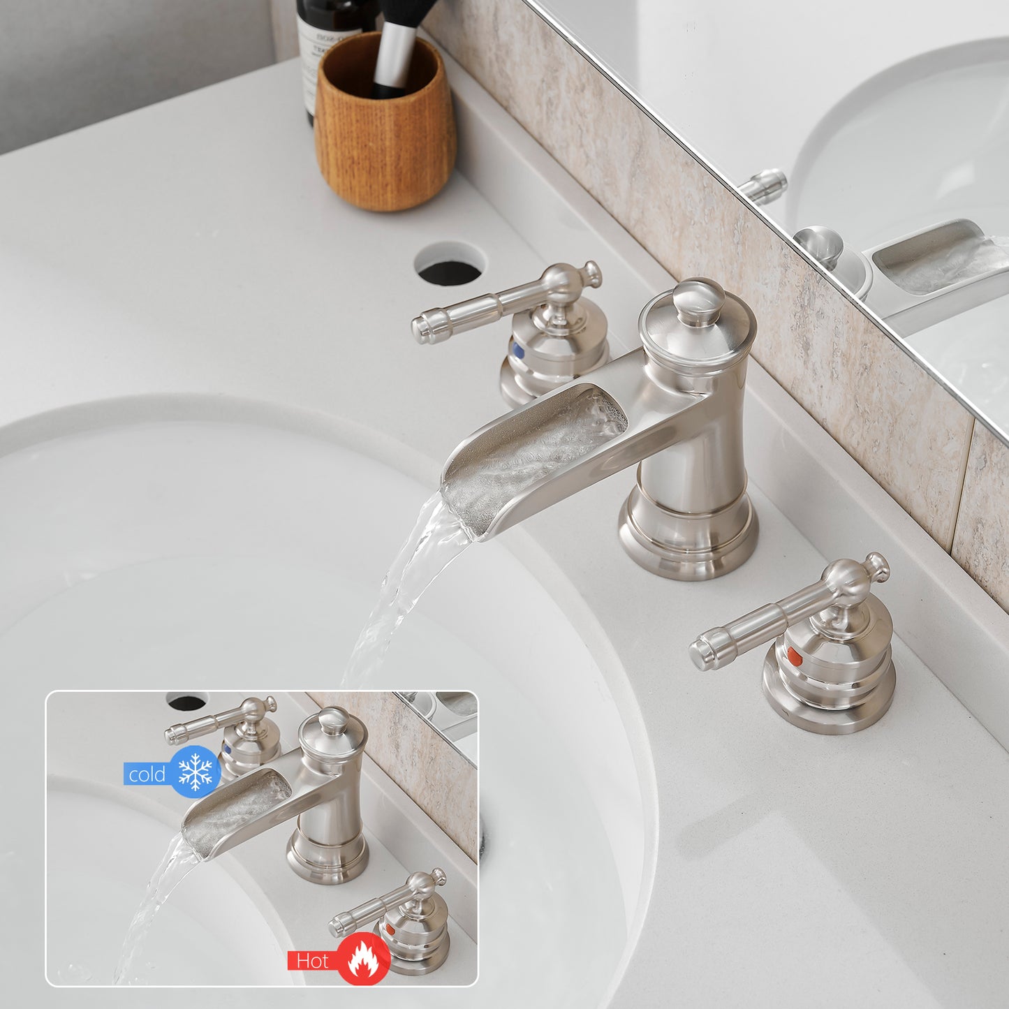 Bathroom Widespread Three Holes Waterfall Sink Faucet Brushed Nickel Two Handles With Pop-up Drain W1932P179930