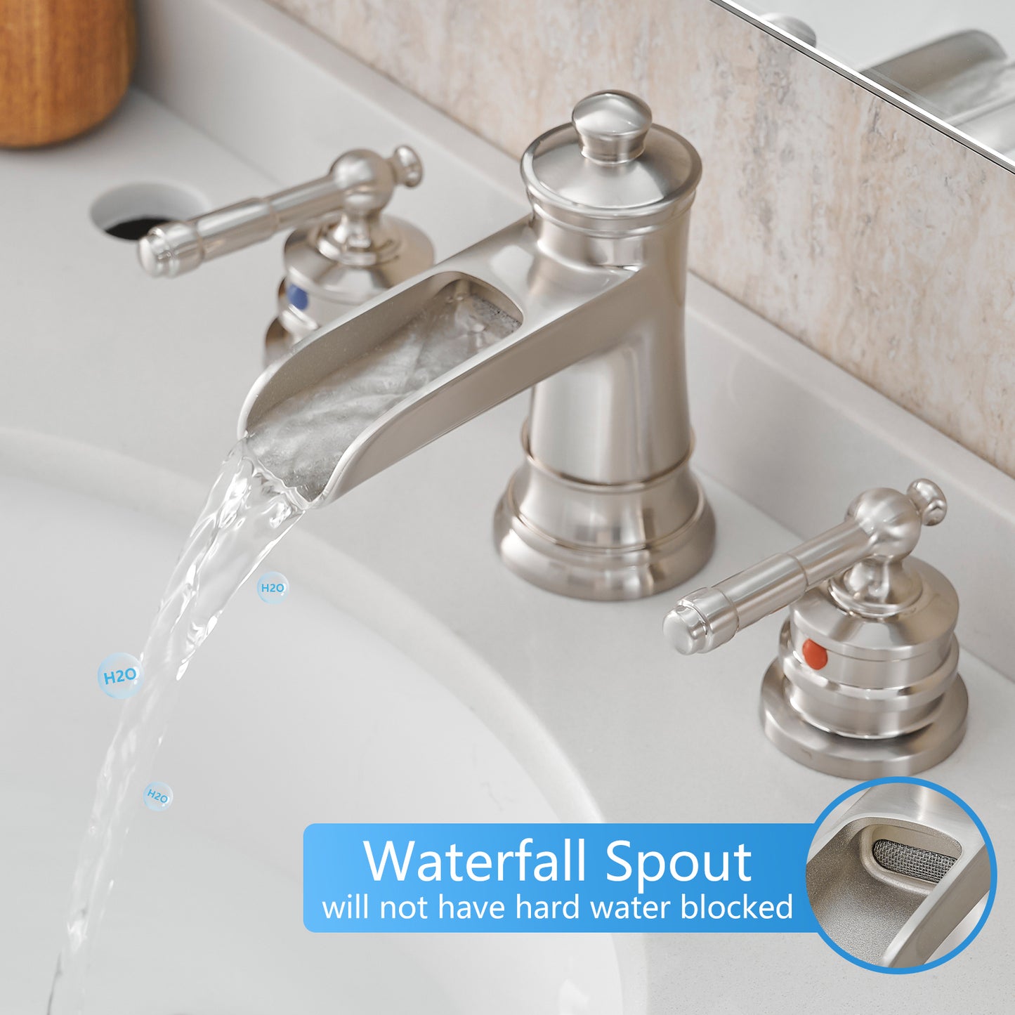 Bathroom Widespread Three Holes Waterfall Sink Faucet Brushed Nickel Two Handles With Pop-up Drain W1932P179930