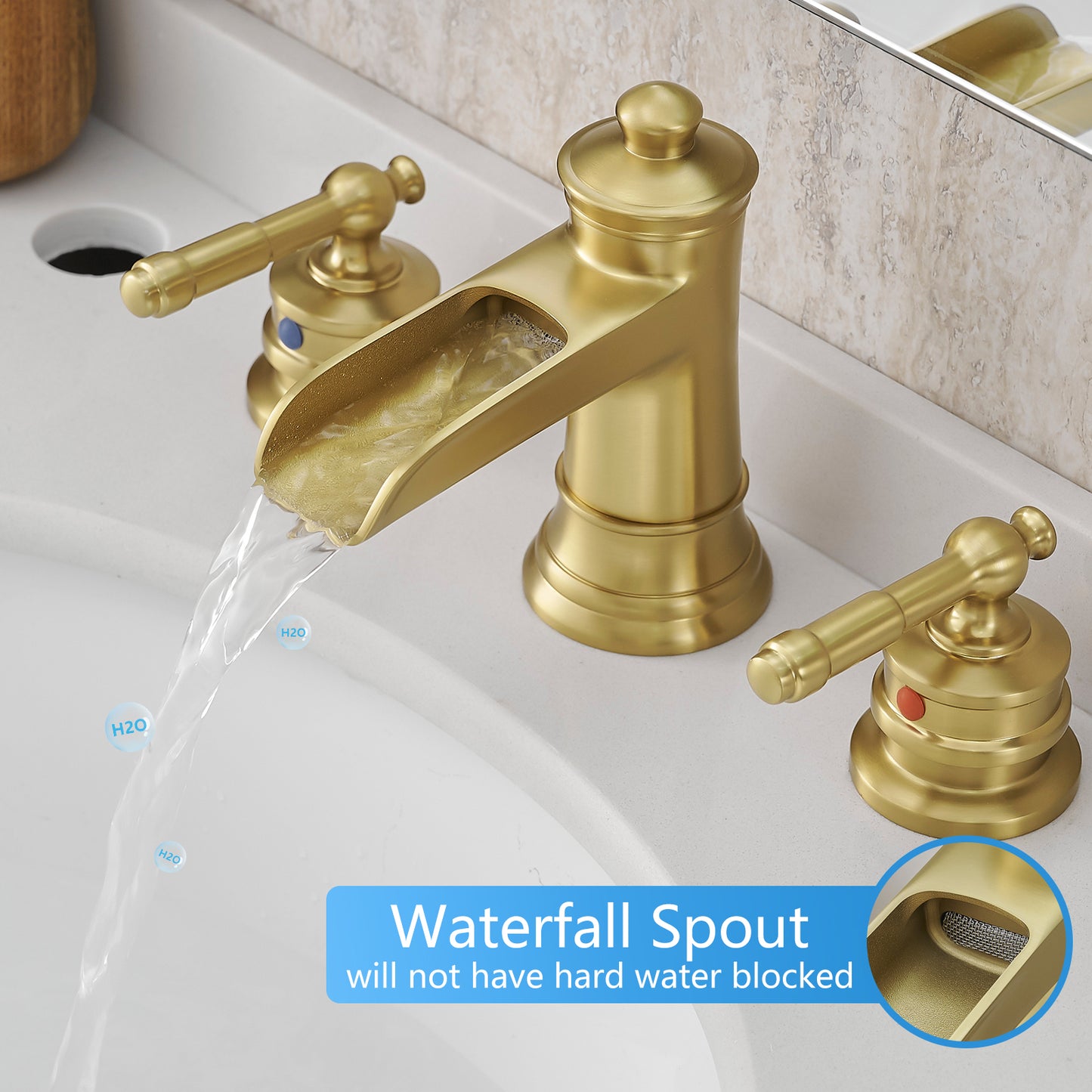 Bathroom Widespread Three Holes Waterfall Sink Faucet Gold Two Handles With Pop-up Drain W1932P180027