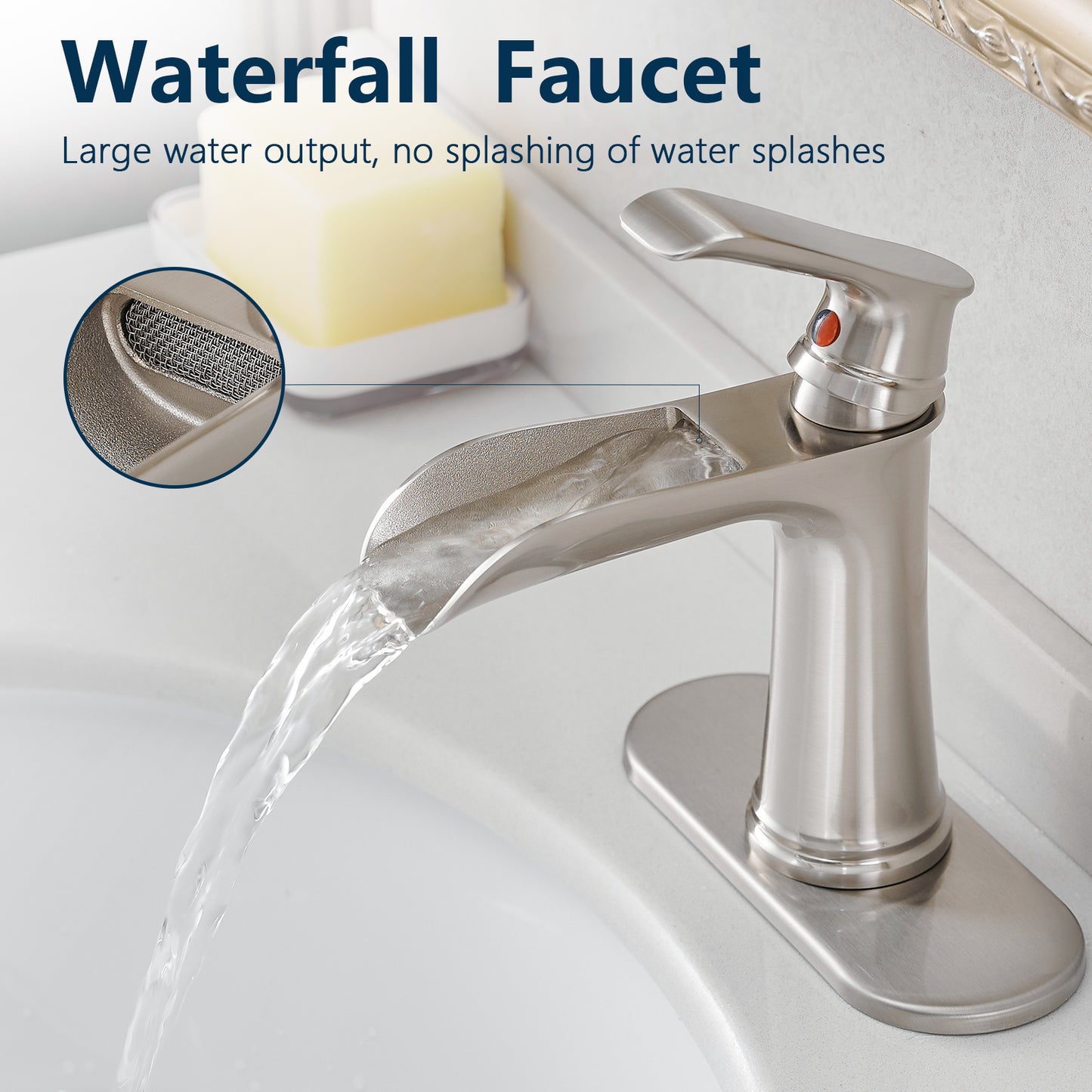 Bathroom Single Hole or Three Hole Waterfall Sink Faucet Brushed Nickel Single Handle With Deck Plate W1932P180746