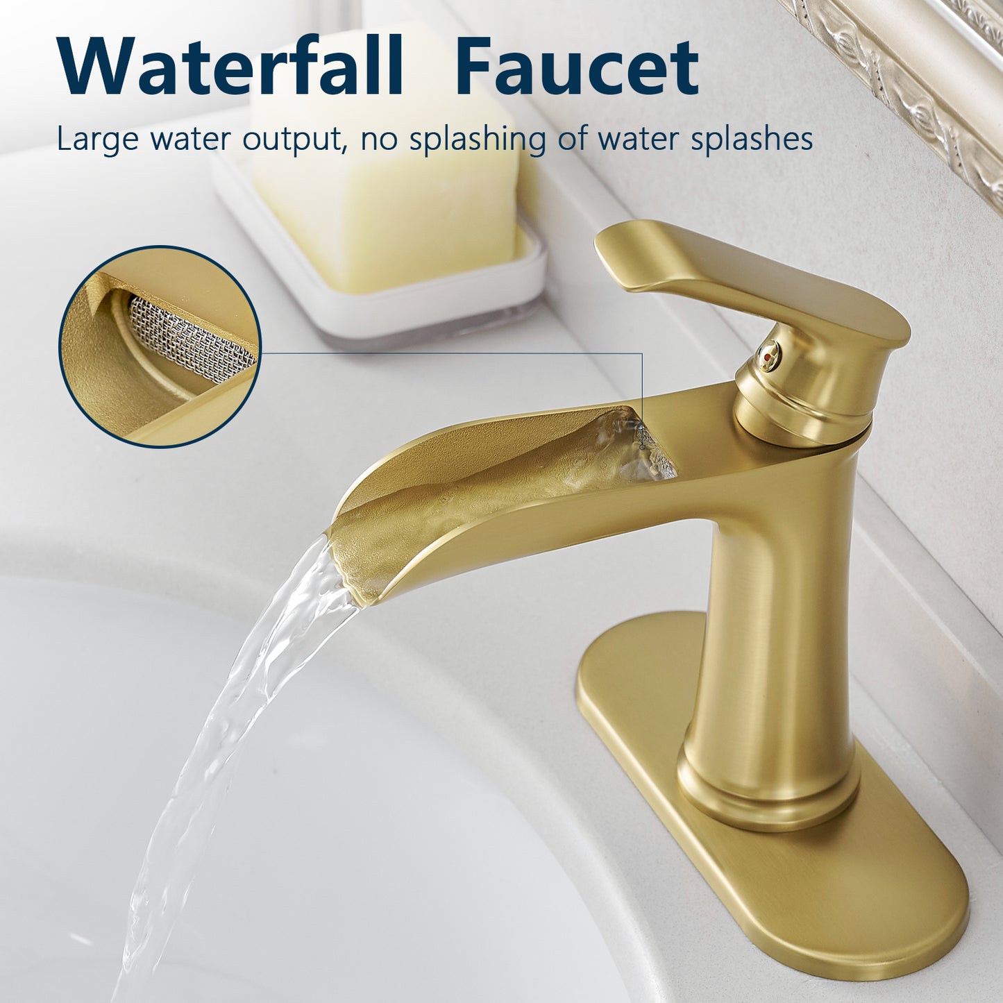 Bathroom Single Hole or Three Hole Waterfall Sink Faucet Gold Single Handle With Deck Plate W1932P180751
