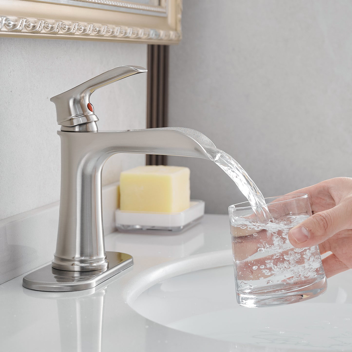 Bathroom Single Hole or Three Hole Waterfall Sink Faucet Brushed Nickel Single Handle With Deck Plate W1932P180746